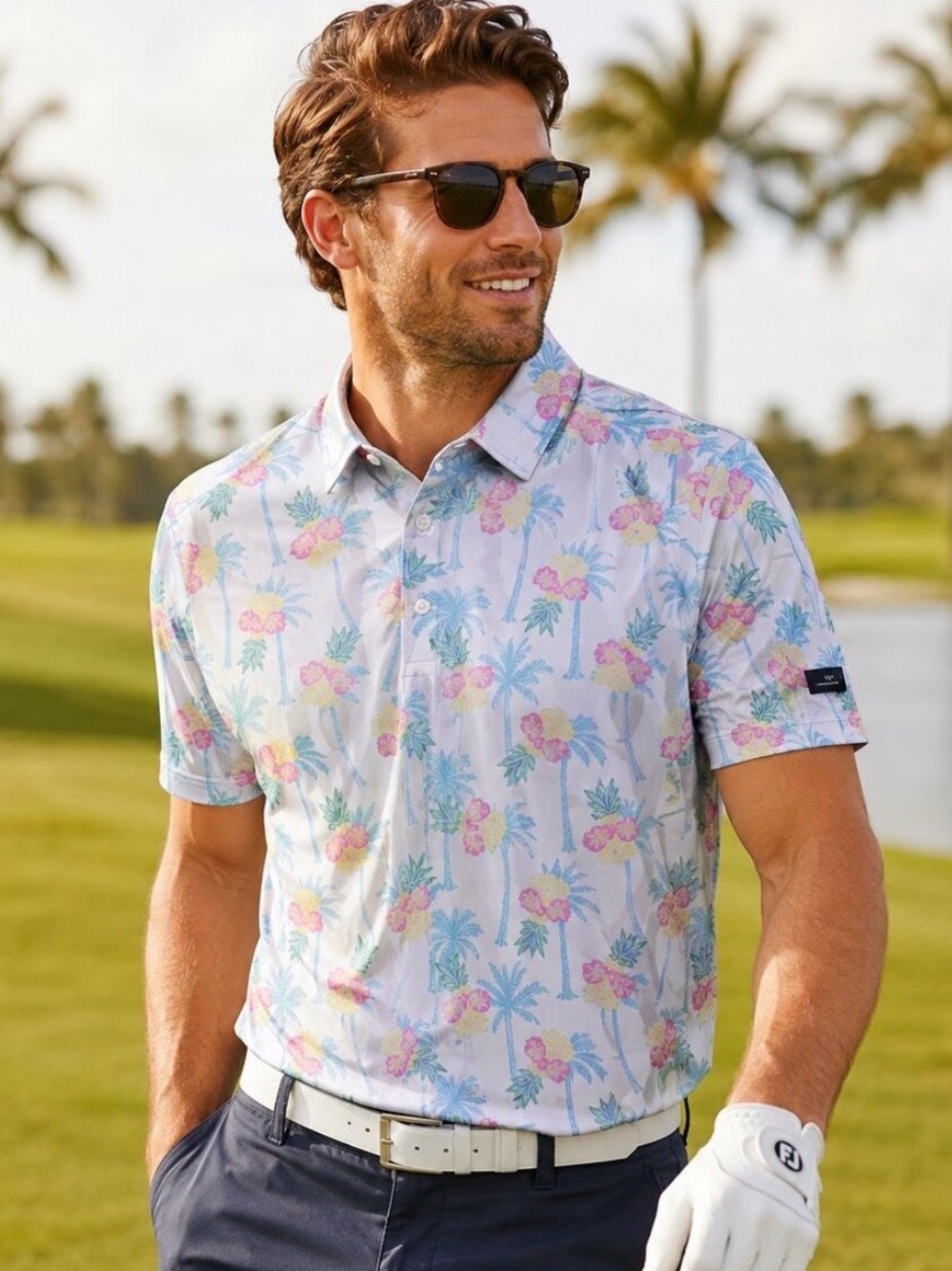 SUNDAY SWAGGER Palm Tree & Pineapple Print Golf Polo Shirt